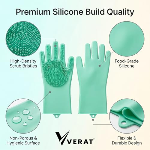 VERAT Kitchen Dishwashing Gloves for Washing Dishes – Reusable Rubber/Silicone Cleaning Gloves for Kitchen, Bathroom & Car Cleaning – Waterproof Household Hand Gloves for Women, Home Essentials (Green) - Image 4