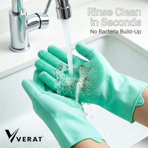 VERAT Kitchen Dishwashing Gloves for Washing Dishes – Reusable Rubber/Silicone Cleaning Gloves for Kitchen, Bathroom & Car Cleaning – Waterproof Household Hand Gloves for Women, Home Essentials (Green) - Image 5