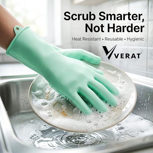 VERAT Kitchen Dishwashing Gloves for Washing Dishes – Reusable Rubber/Silicone Cleaning Gloves for Kitchen, Bathroom & Car Cleaning – Waterproof Household Hand Gloves for Women, Home Essentials (Green) - Image 3