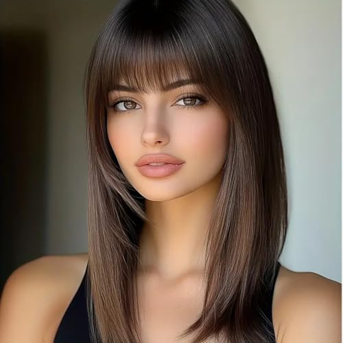 ASSU Brown Straight Synthetic Wig with Bangs for Women | Breathable Rose Net Cap, 150% Density | Perfect for Music Festivals & Spring Summer Events| Wig Accessories | Includes WigCap - Image 1