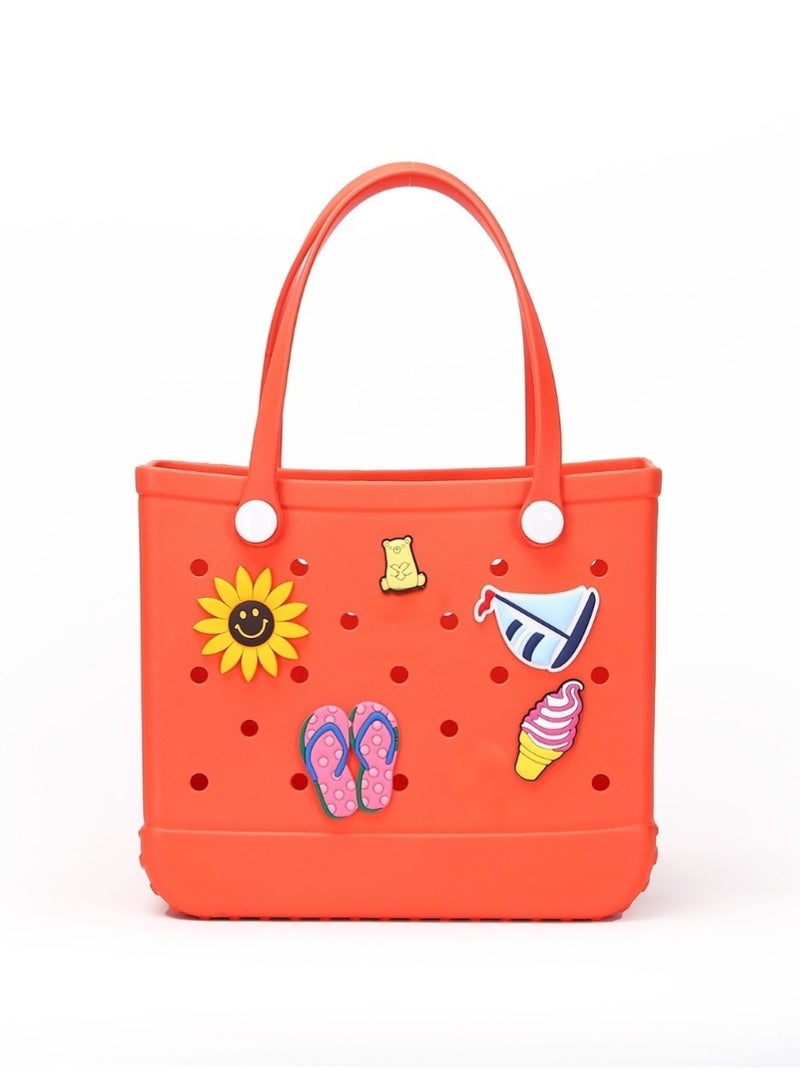 EVA Rubber Beach Tote Bag with 5 Summer Charms | Waterproof, Durable & Easy-to-Clean | Spacious Summer Beach Bag for Women & Family | (Orange - Large) - Image 1