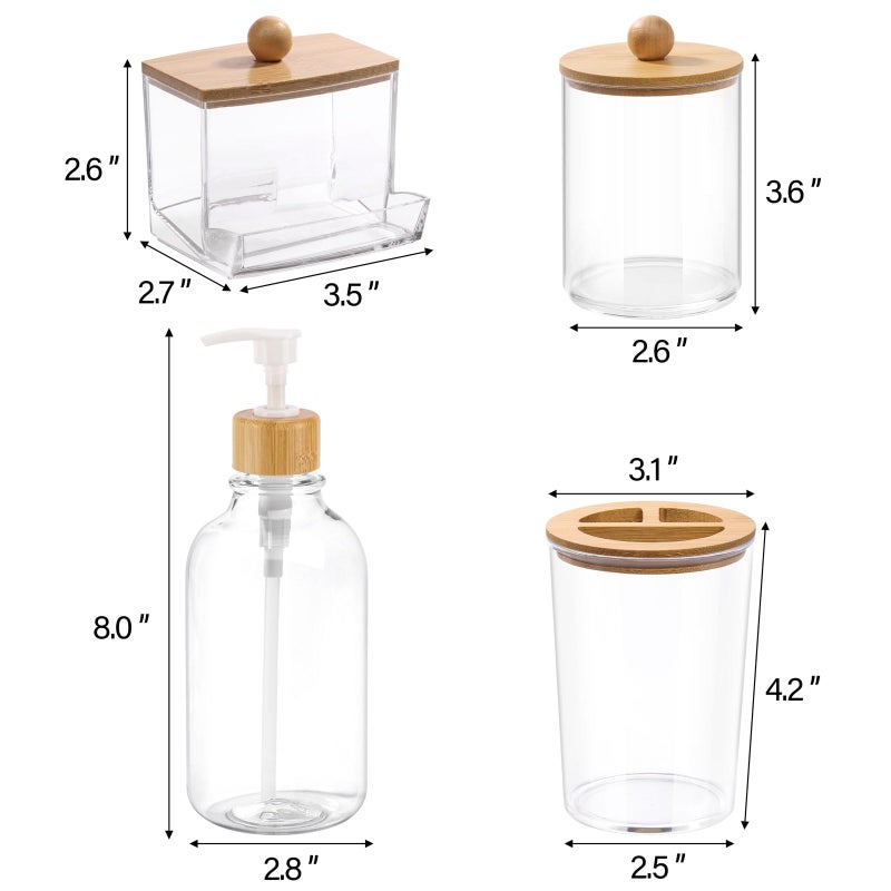 Tbestmax Bamboo Bathroom Accessories Set 4 Pcs - Clear Toothbrush Holder Plastic Soap Dispenser and 2 Qtip Holder Cotton Swab/Pad/Ball Container Jar - Image 3