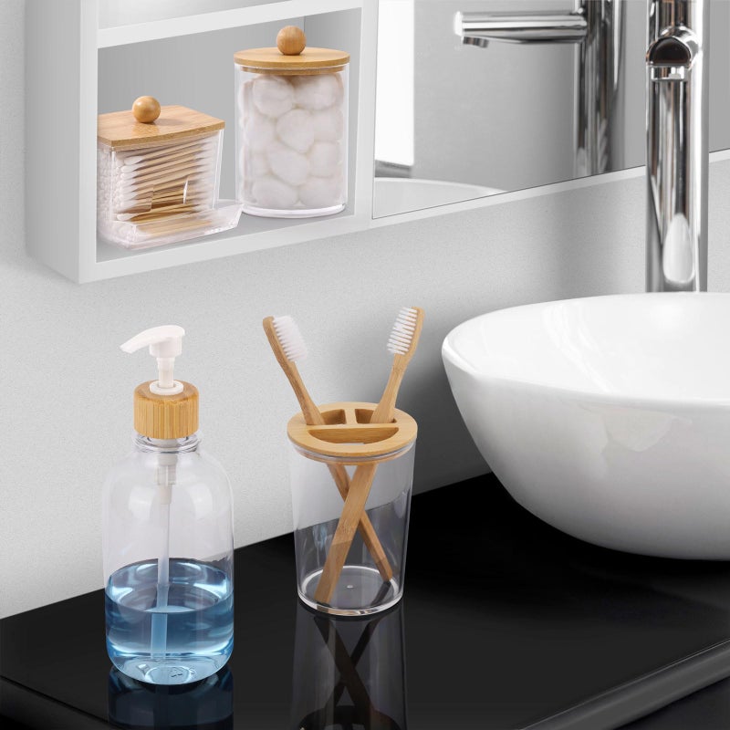 Tbestmax Bamboo Bathroom Accessories Set 4 Pcs - Clear Toothbrush Holder Plastic Soap Dispenser and 2 Qtip Holder Cotton Swab/Pad/Ball Container Jar - Image 4
