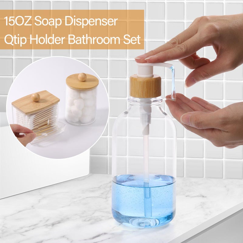 Tbestmax Bamboo Bathroom Accessories Set 4 Pcs - Clear Toothbrush Holder Plastic Soap Dispenser and 2 Qtip Holder Cotton Swab/Pad/Ball Container Jar - Image 5