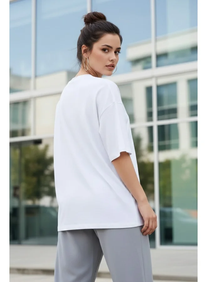 جونبيري JUNEBERRY ® Women’s Pure Cotton Oversized Baggy Fit Drop Shoulder Half Sleeve Round Neck Front Chest Printed T-Shirt (OS_JB_LA_WHT_M)