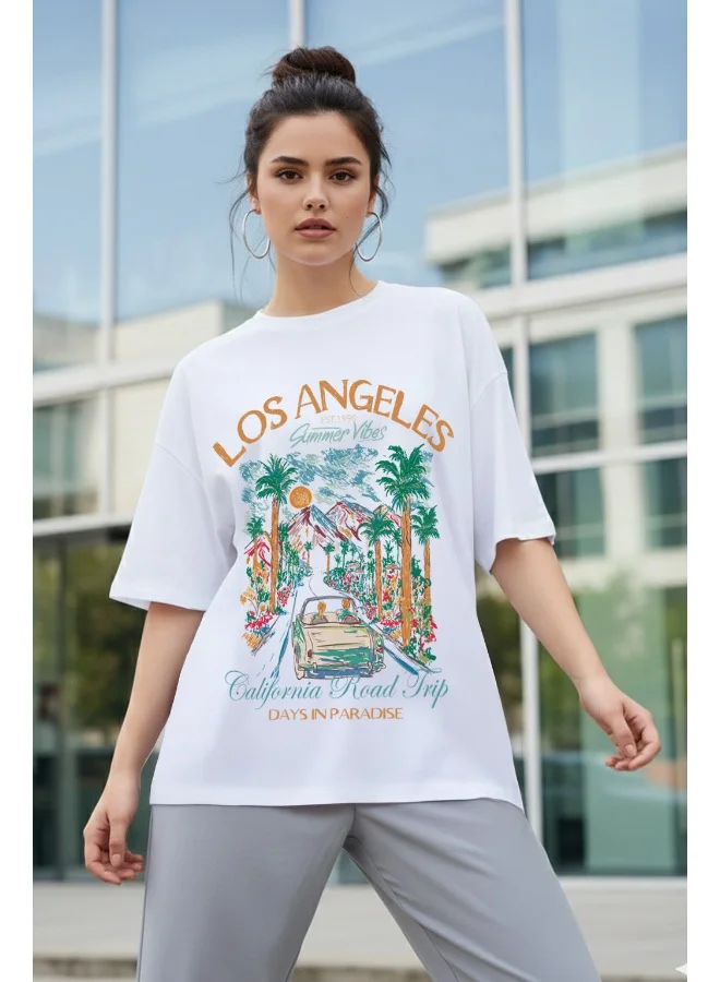 جونبيري JUNEBERRY ® Women’s Pure Cotton Oversized Baggy Fit Drop Shoulder Half Sleeve Round Neck Front Chest Printed T-Shirt (OS_JB_LA_WHT_M)
