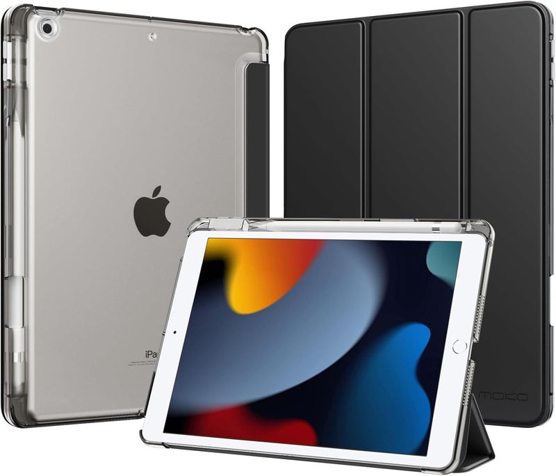 موكو حافظة لأجهزة iPad الجيل التاسع/الثامن/السابع مقاس 10.2 بوصة 2021/2020/2019 مع حامل للقلم، غطاء واقي ذكي ثلاثي الطي خفيف ونحيف لجهاز iPad 10.2 بوصة مع غلاف خلفي شفاف من البولي كربونات الصلب، أسود - Image 1