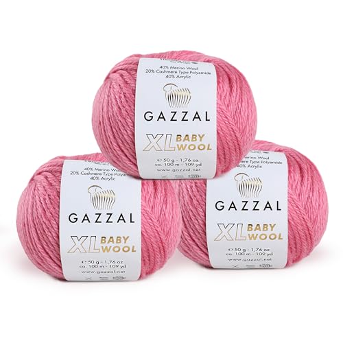 Gazzal 3 Pack (Ball) Gazzal Baby Wool XL Total 5.28 Oz / 328 Yrds, Each Ball 1.76 Oz (50g) / 109 Yrds (100m) Super Soft, Medium-Worsted Yarn, 40% Lana Merino 20% Cashmere Type Polyamide, Pink - 831 - Image 1