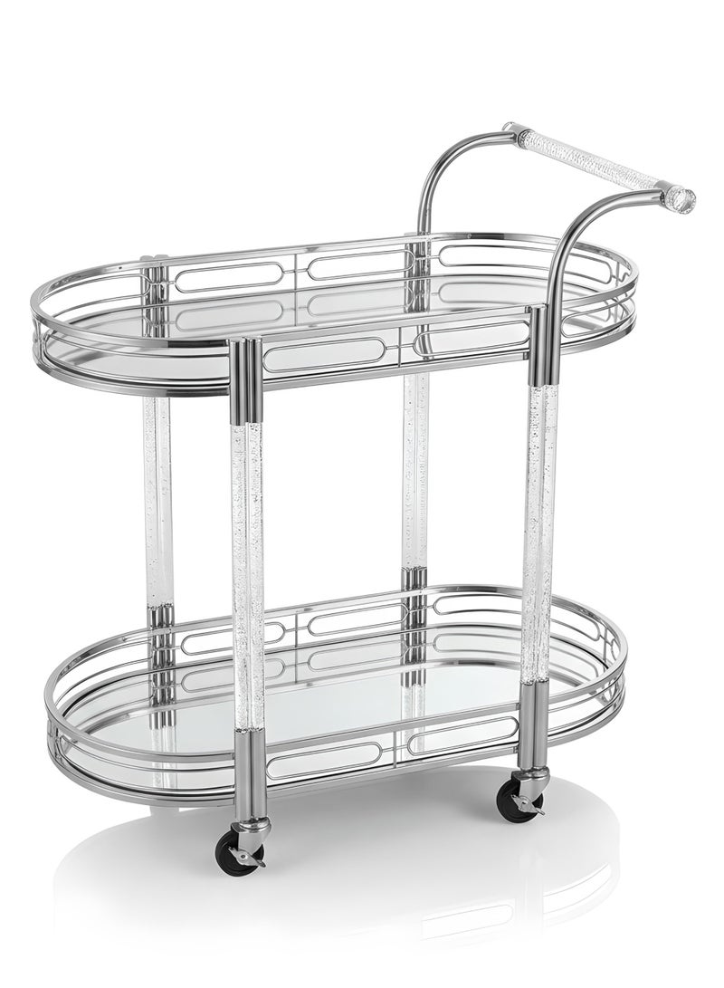Life Smile Modern Silver 2-Tier Oval Bar Cart with Mirror Glass Shelves – 77x50x94 cm Rolling Serving Trolley with Crystal Handle – Luxury Multi-Purpose Food Storage Trolley - Image 1