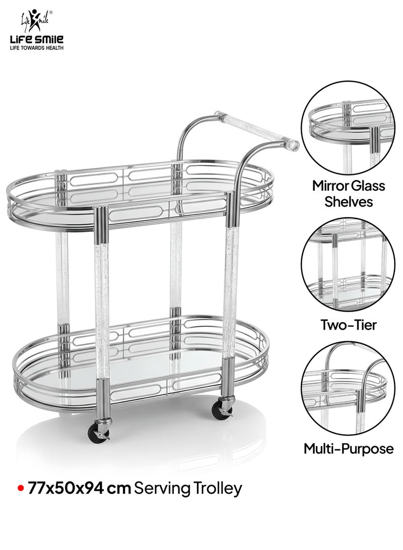Life Smile Modern Silver 2-Tier Oval Bar Cart with Mirror Glass Shelves – 77x50x94 cm Rolling Serving Trolley with Crystal Handle – Luxury Multi-Purpose Food Storage Trolley - Image 2
