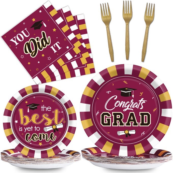 24 GUESTS GRADUATION PARTY PLATES NAPKINS SUPPLIES SET CONGRATS GRAD CLASS OF 2025 DISPOSABLE DINNERWARE TABLEWARE GRAD PARTY DECORATION FAVORSMAROON AND GOLD