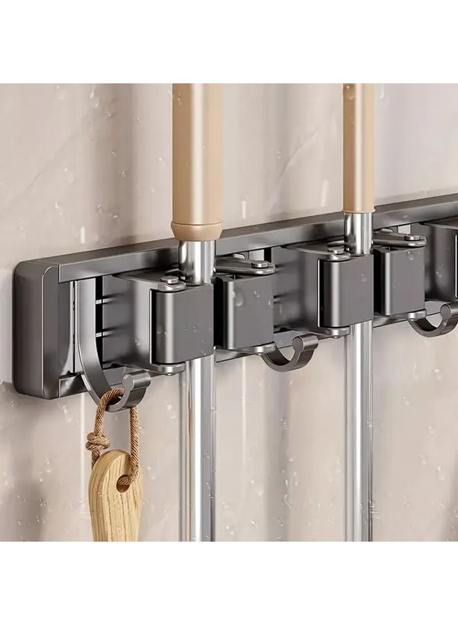 Grey Mop Broom Holder Wall Mounted 3 Hooks 2 Clips Storage Rack - Image 1