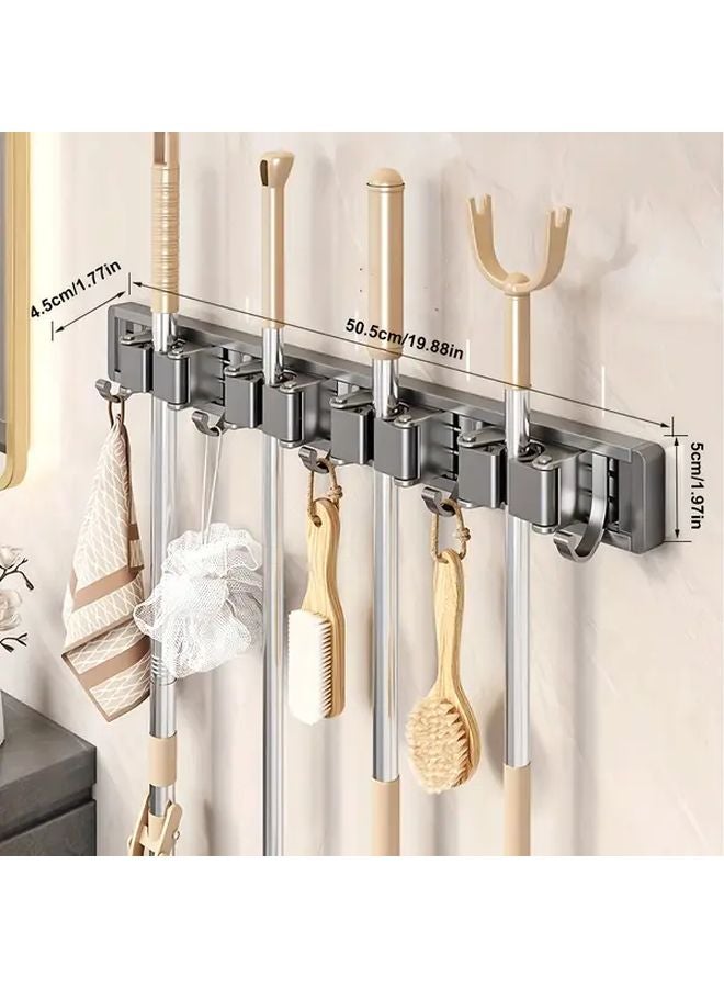 Grey Mop Broom Holder Wall Mounted 3 Hooks 2 Clips Storage Rack - Image 3