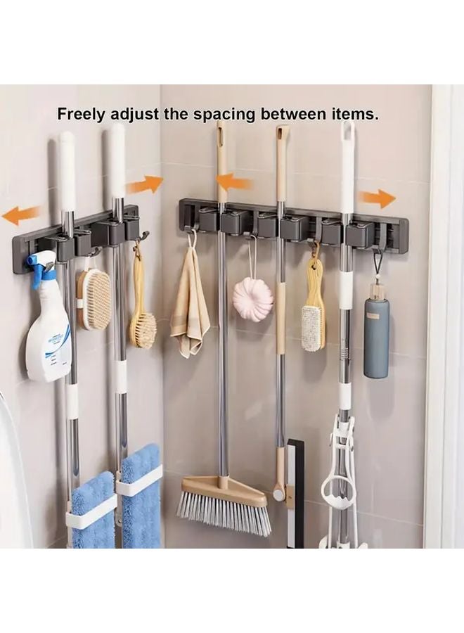 Grey Mop Broom Holder Wall Mounted 3 Hooks 2 Clips Storage Rack - Image 2