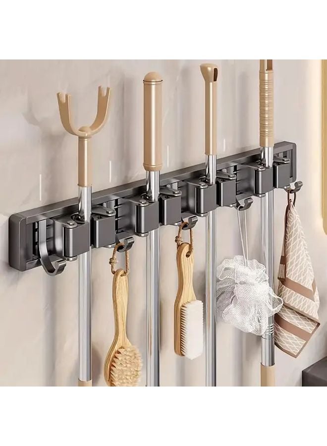 Grey Mop Broom Holder Wall Mounted 3 Hooks 2 Clips Storage Rack - Image 5
