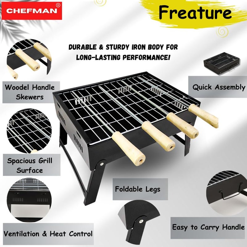Chefman Mini Portable Table Top Charcoal Barbeque Grill for Outdoor Cooking, Featuring Foldable Legs, Removable Grill, and 5 Skewers, Perfect for Camping, Tailgating, Picnics, and Backyard Barbecues - Image 3