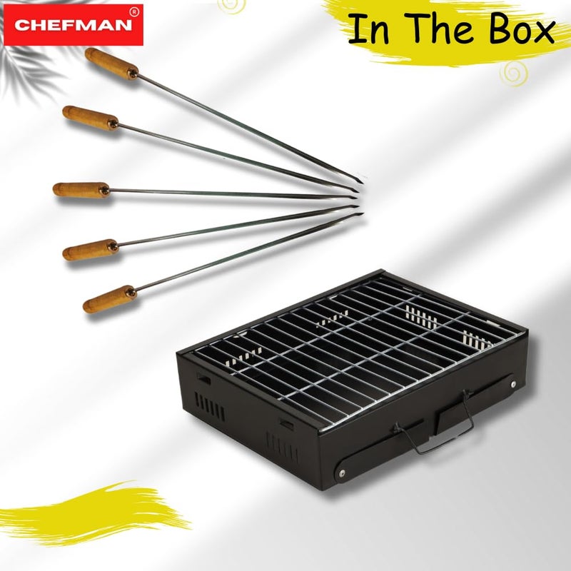 Chefman Mini Portable Table Top Charcoal Barbeque Grill for Outdoor Cooking, Featuring Foldable Legs, Removable Grill, and 5 Skewers, Perfect for Camping, Tailgating, Picnics, and Backyard Barbecues - Image 5