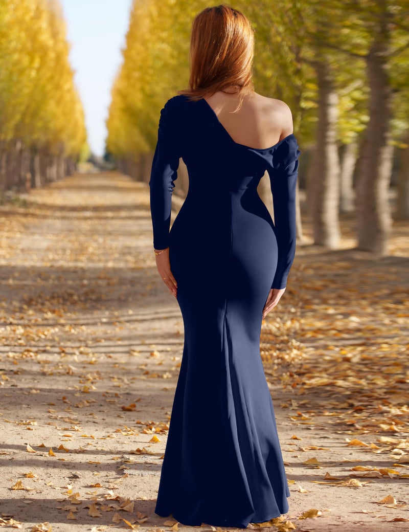 YMDUCH Women's Sexy Elegant Long Sleeve Off Shoulder Bodycon Long Evening Formal Dress Navy - Image 2