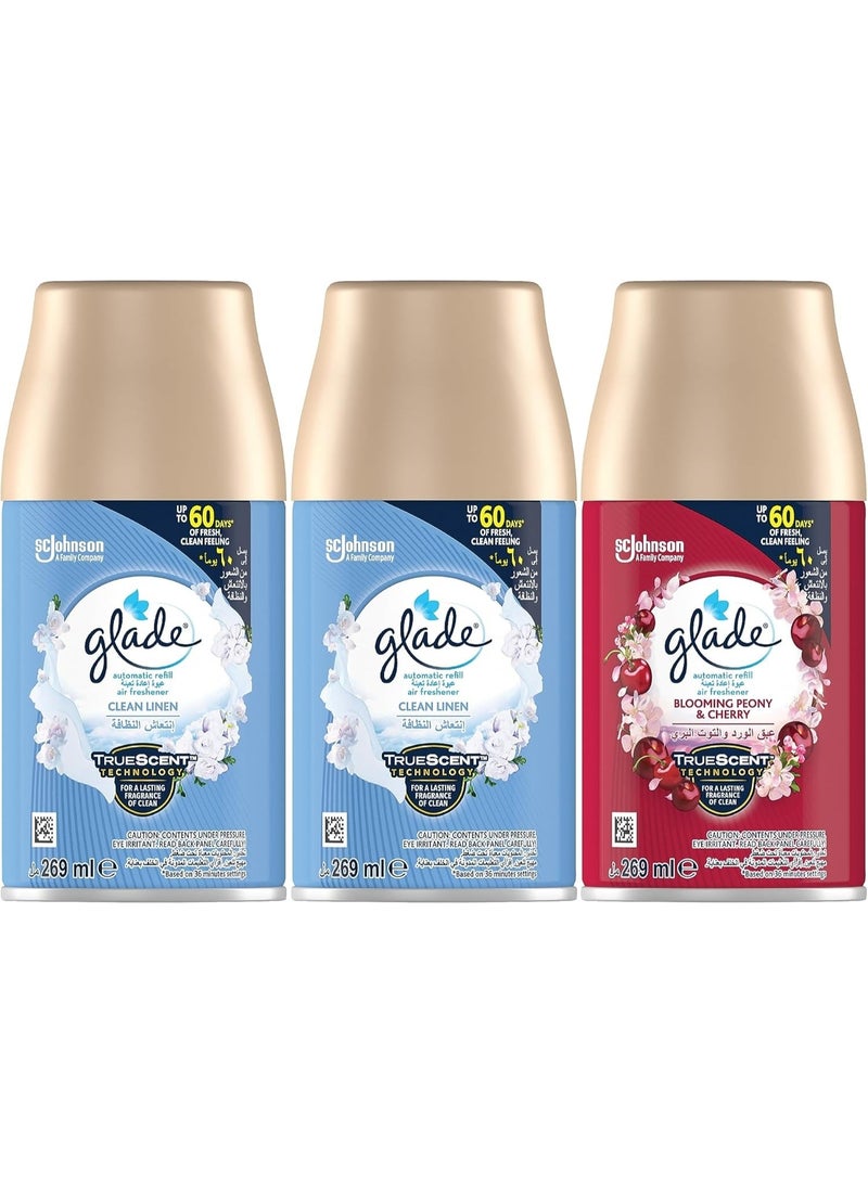 Glade Glade Automatic Spray Refill 2 x Clean Linen and 1 x Blooming Peony and Cherry Air Freshener, Automatic Odour Eliminator, Fits Glade Dispenser, Up to 60 Days of Freshness, 3 x 269ml - Image 1