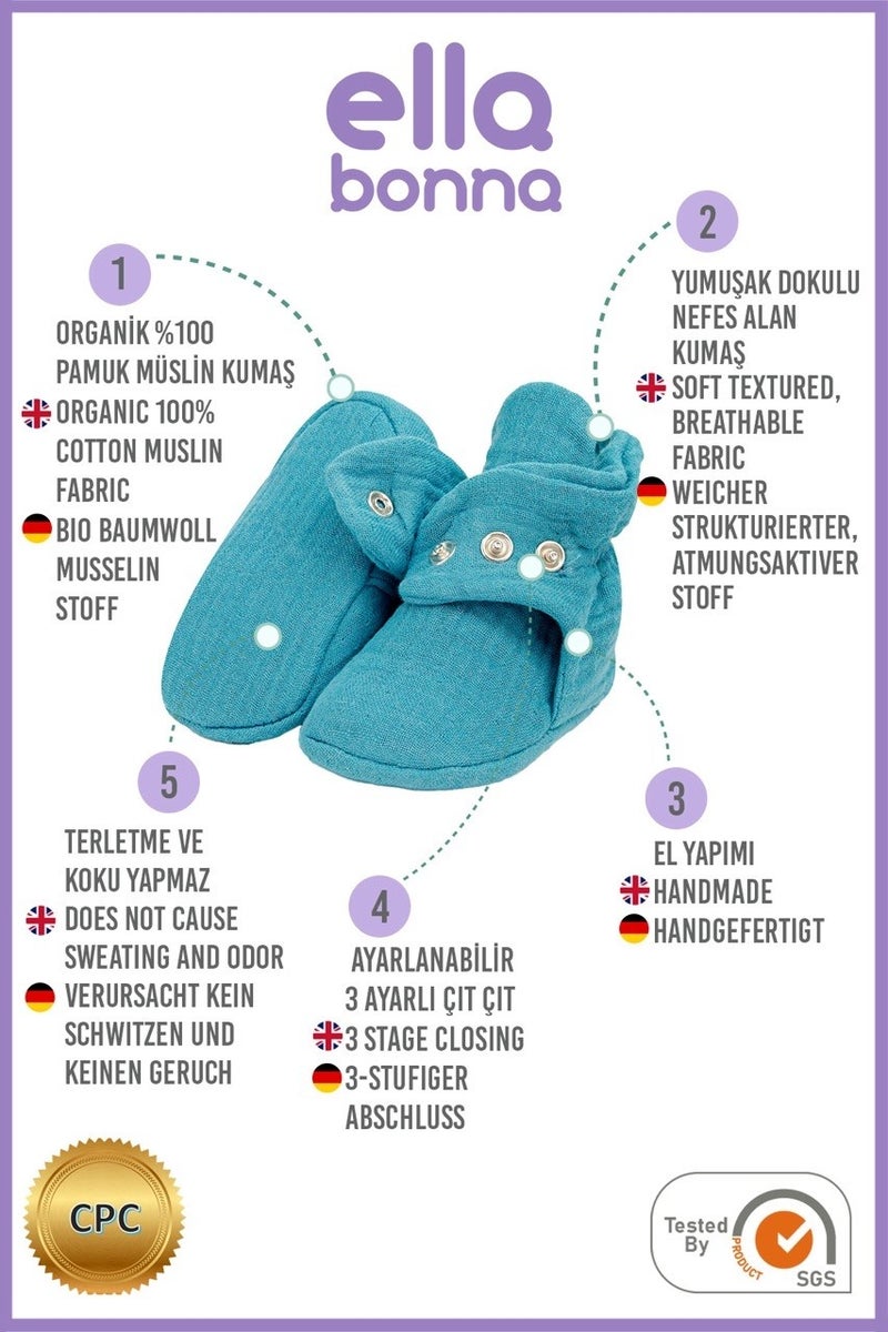 Ella Bonna Muslin Baby Booties, Organic Cotton, Newborn Slippers, Dark Blue - Image 4