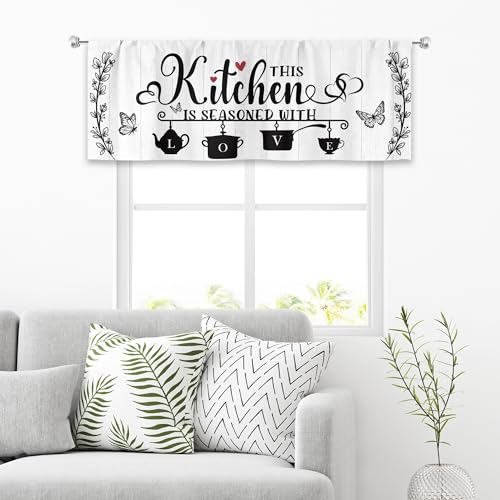 MESHELLY Black and White Kitchen Curtains 52Wx18H Inch Rod Pocket Rustic Valance for Window Farmhouse Wooden Plank Country Drapes Vintage Quotes Printed Living Room Window Treatment Fabric 1 Panel - Image 2