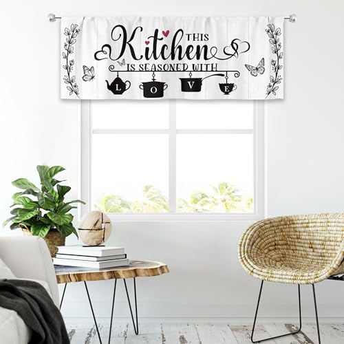 MESHELLY Black and White Kitchen Curtains 52Wx18H Inch Rod Pocket Rustic Valance for Window Farmhouse Wooden Plank Country Drapes Vintage Quotes Printed Living Room Window Treatment Fabric 1 Panel - Image 4