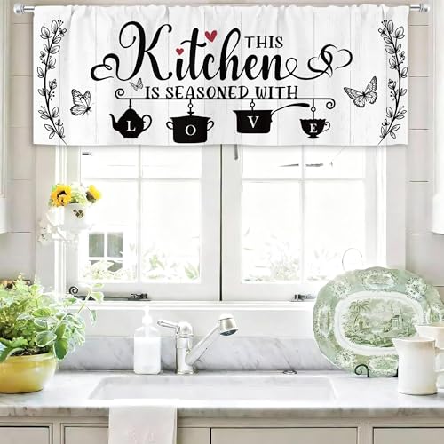 MESHELLY Black and White Kitchen Curtains 52Wx18H Inch Rod Pocket Rustic Valance for Window Farmhouse Wooden Plank Country Drapes Vintage Quotes Printed Living Room Window Treatment Fabric 1 Panel - Image 1