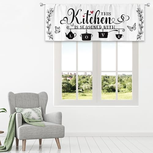 MESHELLY Black and White Kitchen Curtains 52Wx18H Inch Rod Pocket Rustic Valance for Window Farmhouse Wooden Plank Country Drapes Vintage Quotes Printed Living Room Window Treatment Fabric 1 Panel - Image 3