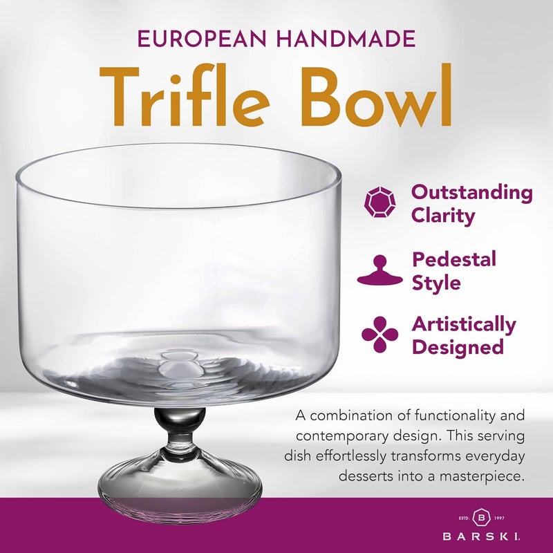 Barski وعاء تريفل كبير جميل سعة 170 أونصة - وعاء تريفل زجاجي على قاعدة - 5 كوارت - وعاء تقديم دائري بقطر 9.5 بوصة - طبق عرض لطبقات الكعك للحلويات والفواكه والسلطة - Image 2