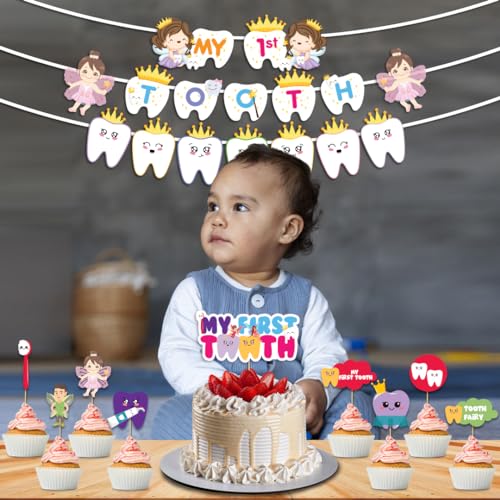 Festiko® My First Tooth Combo - 10 Pcs (Banner + Cake & Cupcake Toppers), Decoration Items for Baby, 1st Tooth Photoshoot - Image 3