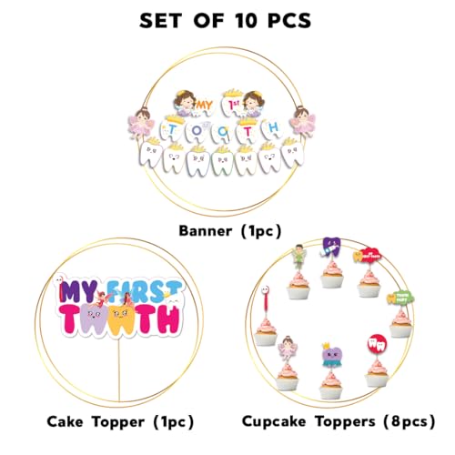 Festiko® My First Tooth Combo - 10 Pcs (Banner + Cake & Cupcake Toppers), Decoration Items for Baby, 1st Tooth Photoshoot - Image 2