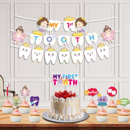 Festiko® My First Tooth Combo - 10 Pcs (Banner + Cake & Cupcake Toppers), Decoration Items for Baby, 1st Tooth Photoshoot - Image 1