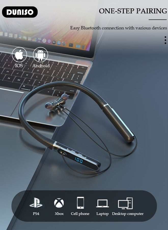 DUNISO Neckband Bluetooth Headphone,Bluetooth 5.3 Wireless Earbuds in-Ear Noise Cancelling HiFi Stereo Clear Headsets, LED Screen Display, Waterproof, Built-in Microphone for Phone Call Music - Image 3