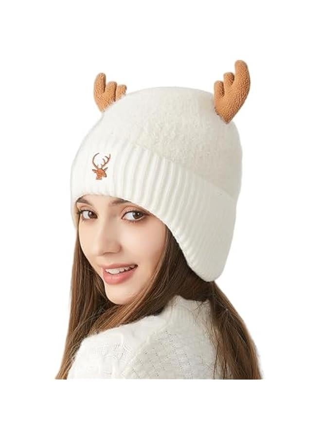 قبعة شتوية دافئة من الصوف مزينة بقرون الرنّة، قبعة بوني مُحببة للتزلج للرجال والنساء - Image 1