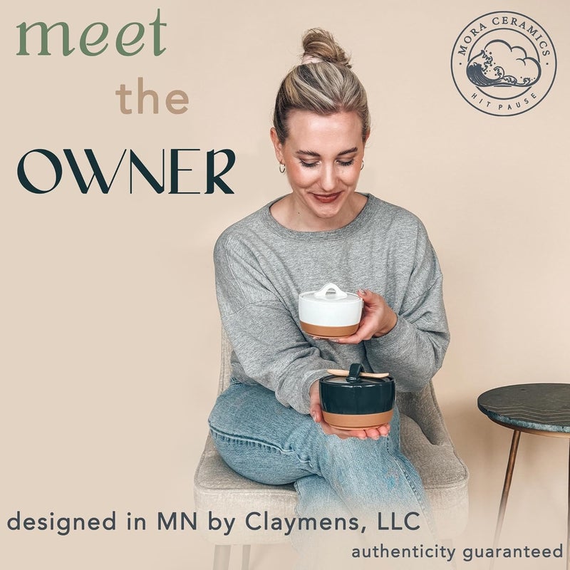 Mora Ceramic Salt and Pepper Cellar Set with Lid - 10 oz Modern Canister/Container/Bowl for Storage, Sea Salt, Spice, Sugar, Countertop - Small Dish/Jar with Wood Spoon, Black & White Crock - Image 3