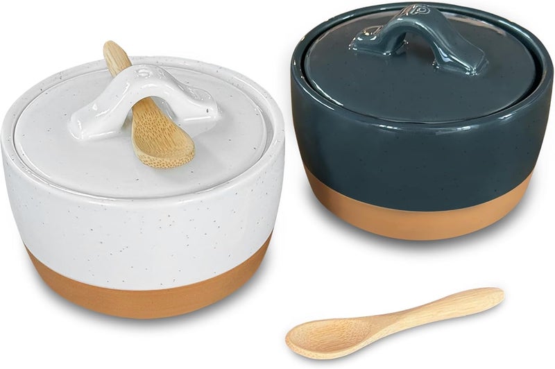 Mora Ceramic Salt and Pepper Cellar Set with Lid - 10 oz Modern Canister/Container/Bowl for Storage, Sea Salt, Spice, Sugar, Countertop - Small Dish/Jar with Wood Spoon, Black & White Crock - Image 1