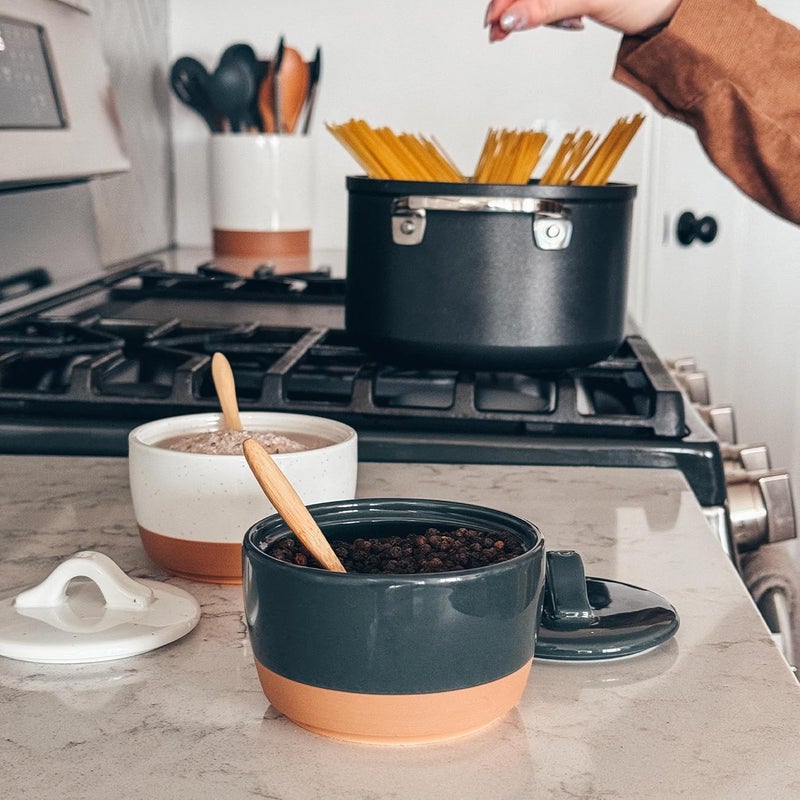 Mora Ceramic Salt and Pepper Cellar Set with Lid - 10 oz Modern Canister/Container/Bowl for Storage, Sea Salt, Spice, Sugar, Countertop - Small Dish/Jar with Wood Spoon, Black & White Crock - Image 5