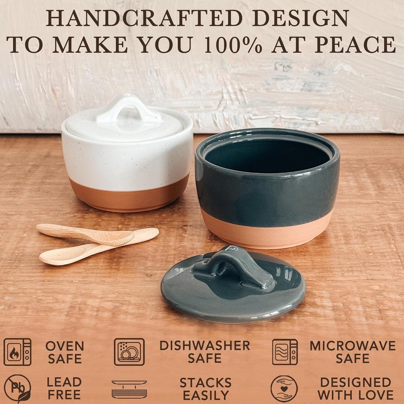 Mora Ceramic Salt and Pepper Cellar Set with Lid - 10 oz Modern Canister/Container/Bowl for Storage, Sea Salt, Spice, Sugar, Countertop - Small Dish/Jar with Wood Spoon, Black & White Crock - Image 4