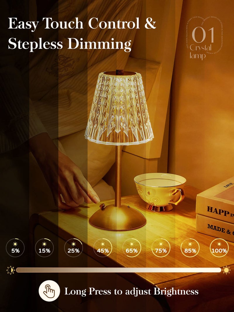One Fire 【3200mAh】Brass Table Lamp, 3 Colors+Dimmable+Touch Crystal Lamp LED Gold Lamp, Mood Lighting Mood Light, Brass Decor for Bedroom/Bathroom/Kitchen/Dinner/Bar/Entryway/Buffet, Traditional Home Decor - Image 4