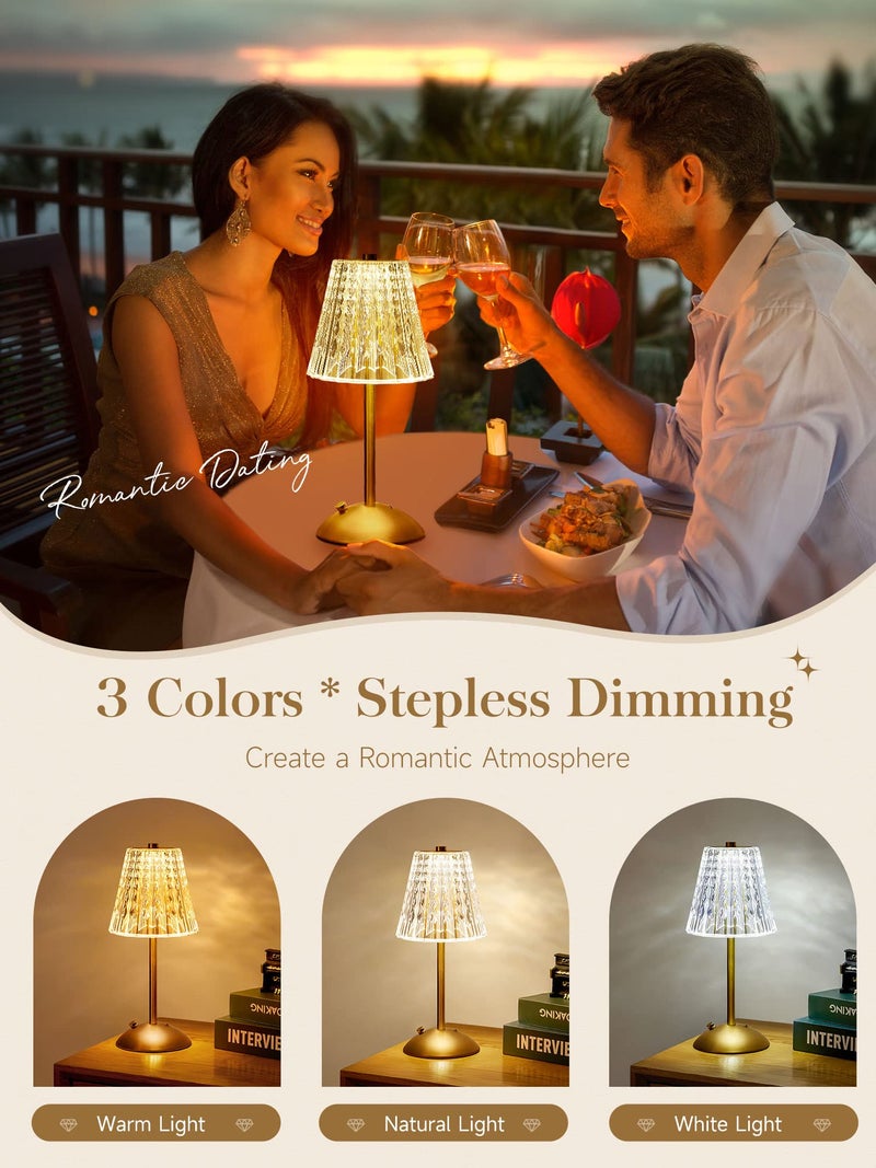 One Fire 【3200mAh】Brass Table Lamp, 3 Colors+Dimmable+Touch Crystal Lamp LED Gold Lamp, Mood Lighting Mood Light, Brass Decor for Bedroom/Bathroom/Kitchen/Dinner/Bar/Entryway/Buffet, Traditional Home Decor - Image 3