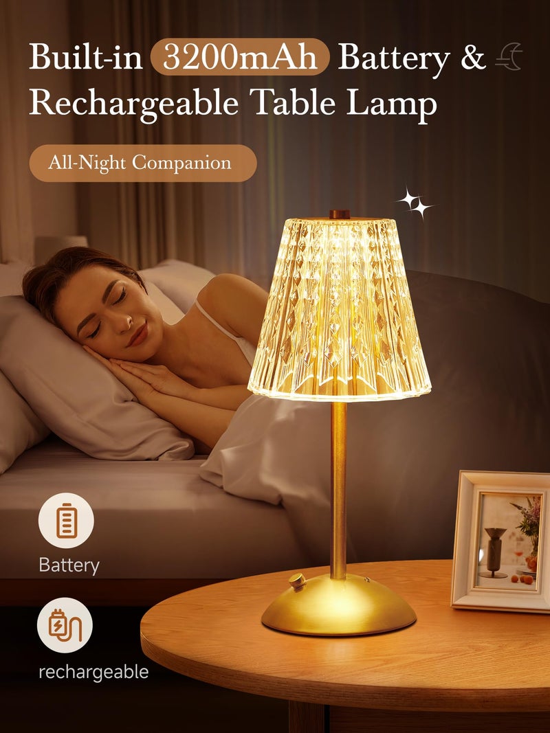 One Fire 【3200mAh】Brass Table Lamp, 3 Colors+Dimmable+Touch Crystal Lamp LED Gold Lamp, Mood Lighting Mood Light, Brass Decor for Bedroom/Bathroom/Kitchen/Dinner/Bar/Entryway/Buffet, Traditional Home Decor - Image 2