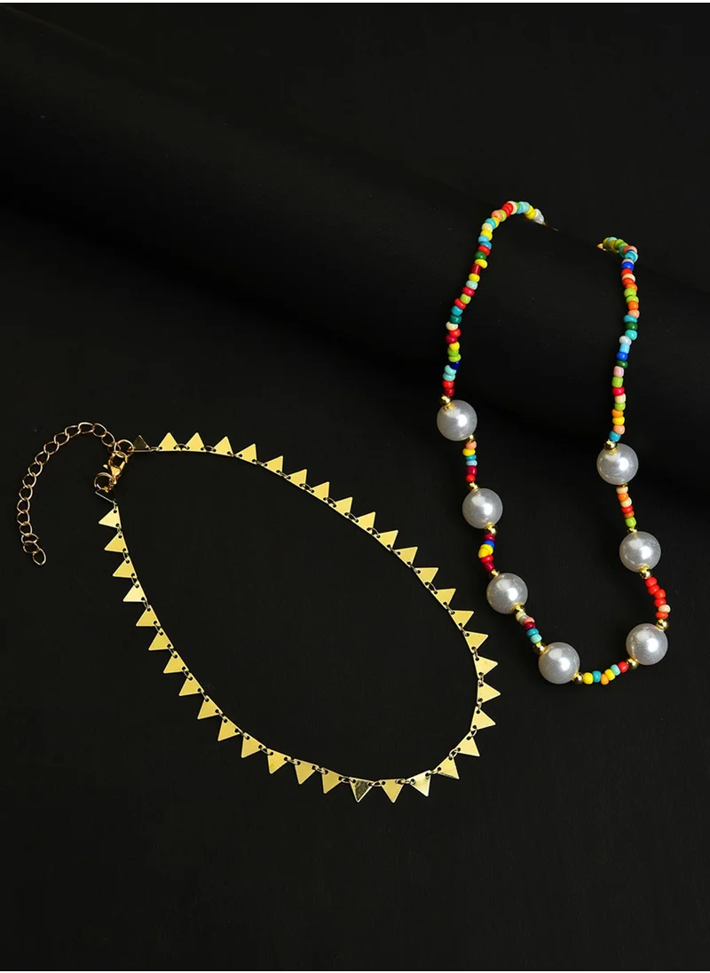 SOHI Pack Of 2 Yellow Brass Pearl Chain Necklace