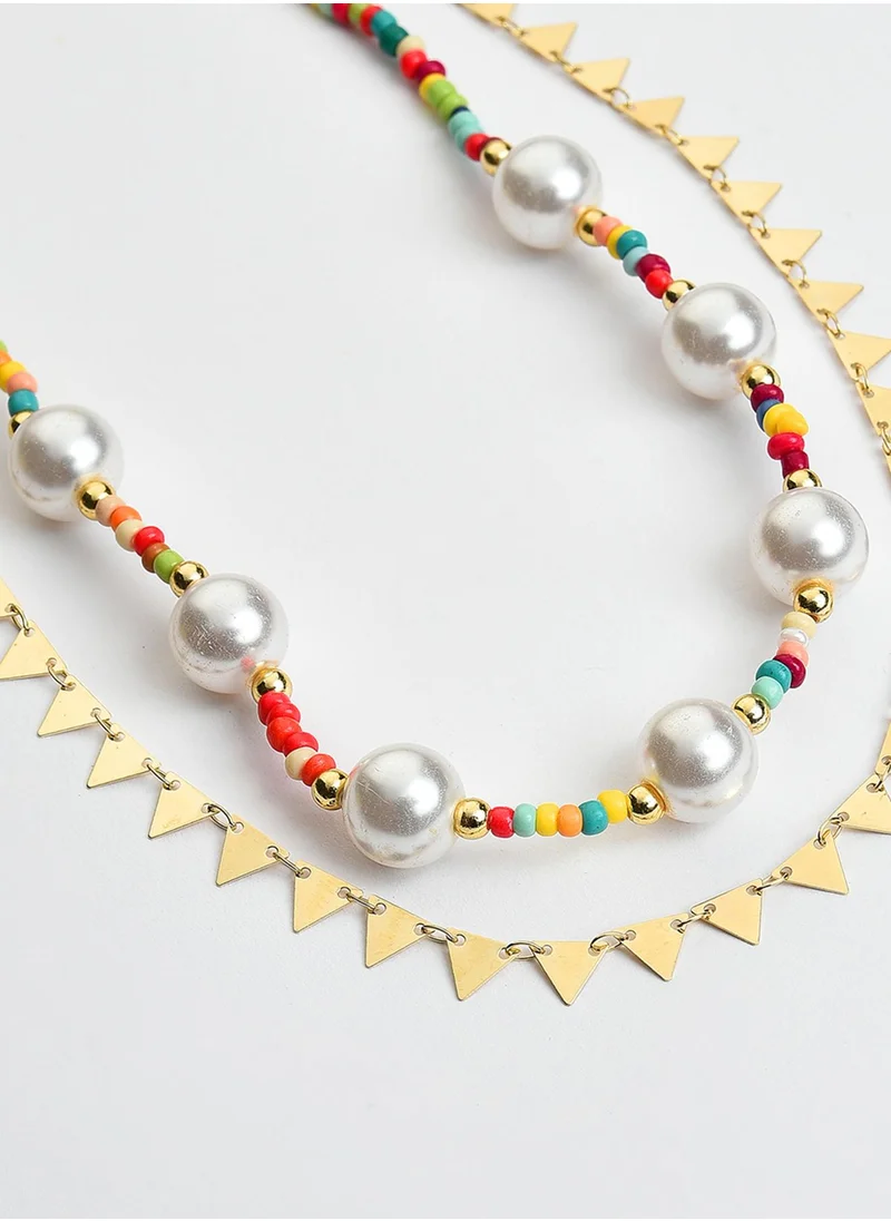 SOHI Pack Of 2 Yellow Brass Pearl Chain Necklace