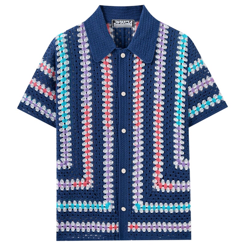 Men's Colorful Striped Knitted Hollow-Out Short Sleeve Polo Shirt - Image 2