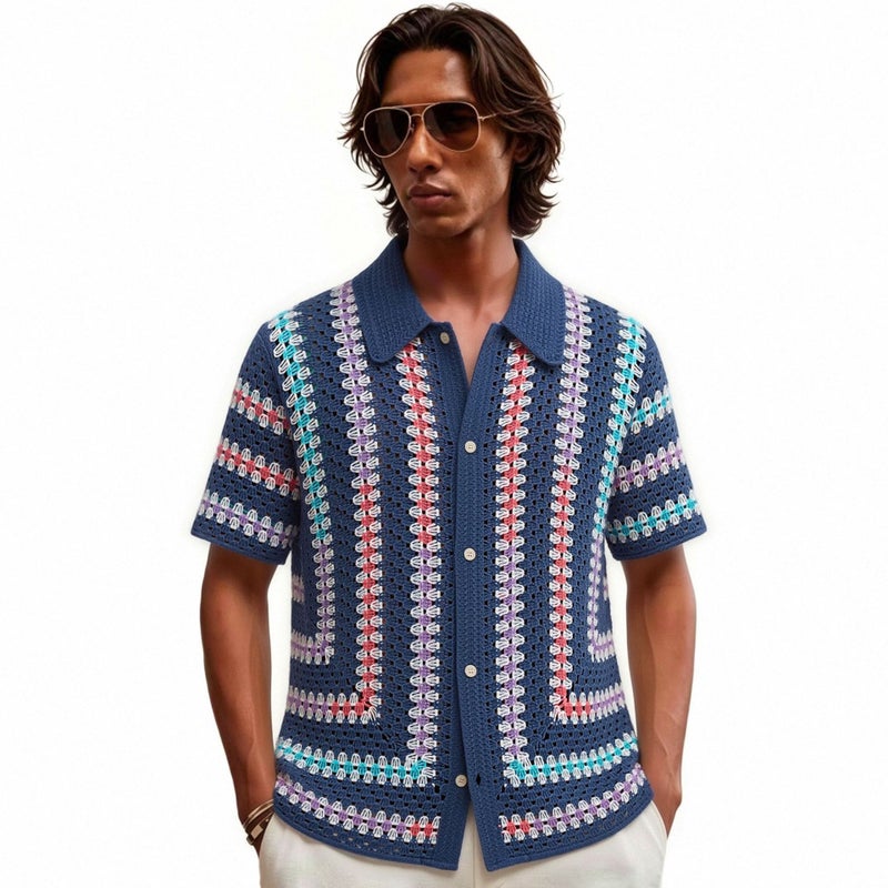 Men's Colorful Striped Knitted Hollow-Out Short Sleeve Polo Shirt - Image 1