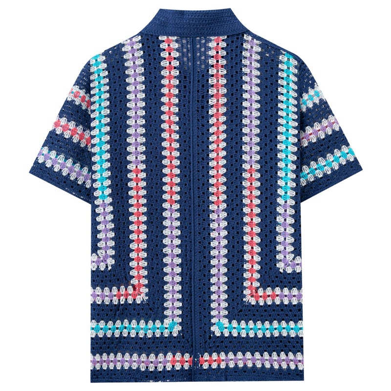 Men's Colorful Striped Knitted Hollow-Out Short Sleeve Polo Shirt - Image 3