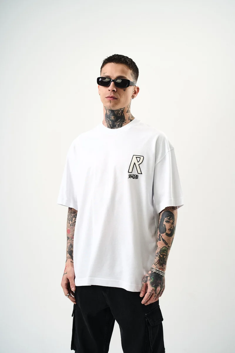 RESPIRE Men's R Creative Embroidered Oversize T-Shirt White