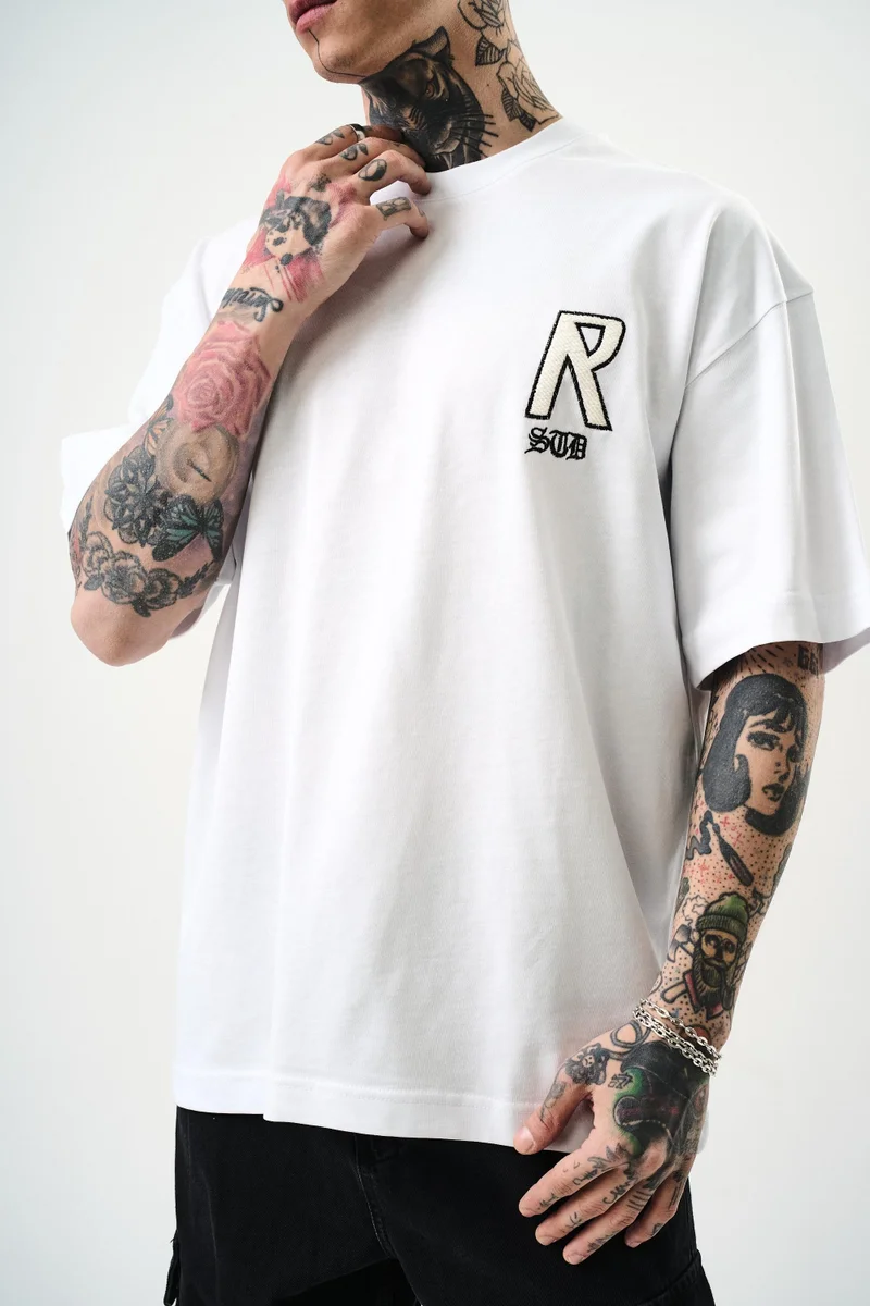 RESPIRE Men's R Creative Embroidered Oversize T-Shirt White