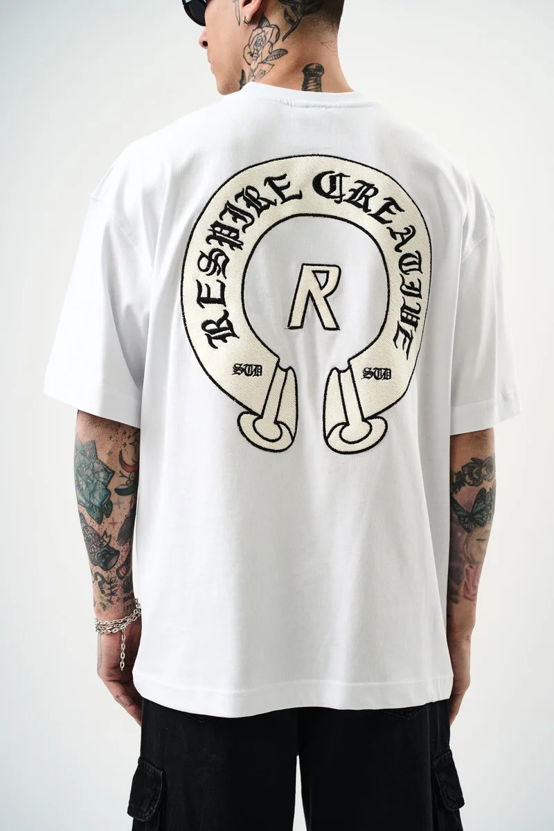RESPIRE Men's R Creative Embroidered Oversize T-Shirt White