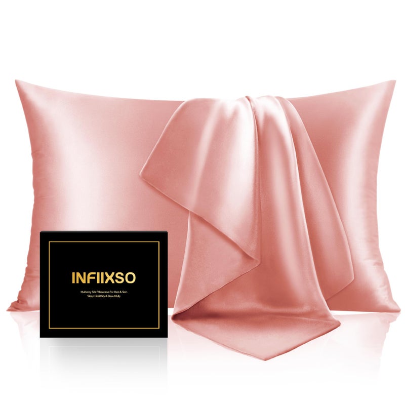 INFIIXSO Mulberry Silk Pillowcase for Hair and Skin  Silk Pillow Cases Standard Size Set of 2 with Hidden Zipper 20""x26""  Ultra Smooth and Soft Cooling Pillow Cases for Hot Sleepers(Blush Pink 2 Pack) - Image 1